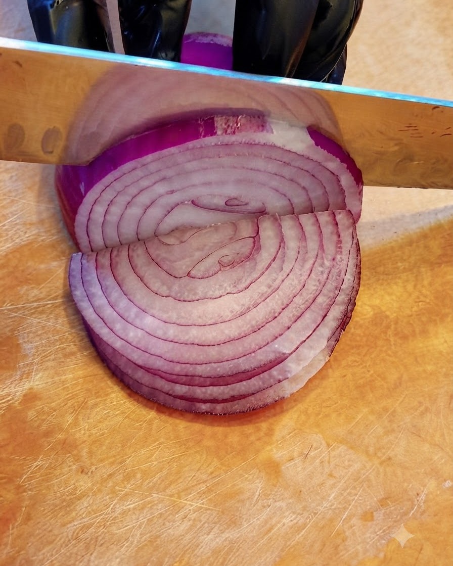 Un coltello che taglia una cipolla rossa cruda tagliata a metà su un tagliere di legno.