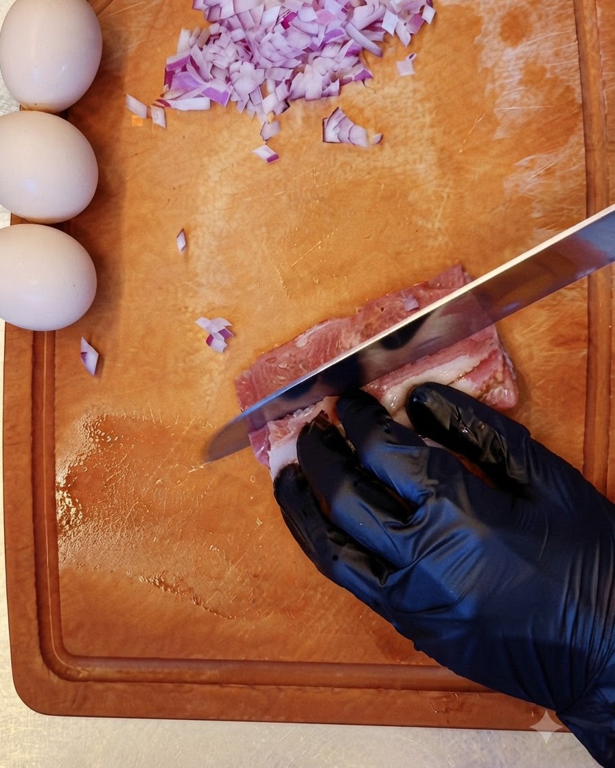 Una mano con i guanti che usa un coltello per affettare strisce di bacon crudo su un tagliere di legno accanto a cipolle tritate e uova.