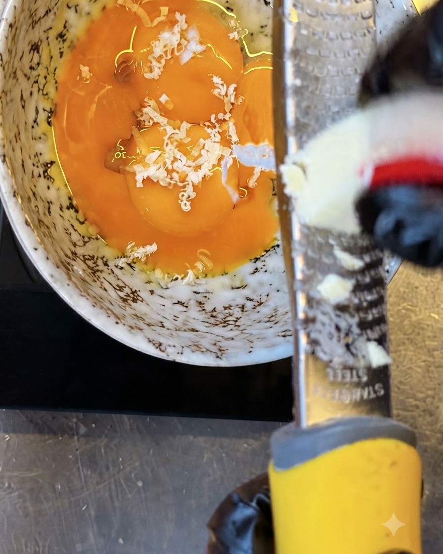 Un blocco di formaggio grattugiato sopra tuorli duovo di colore arancione vivo in una ciotola decorata.