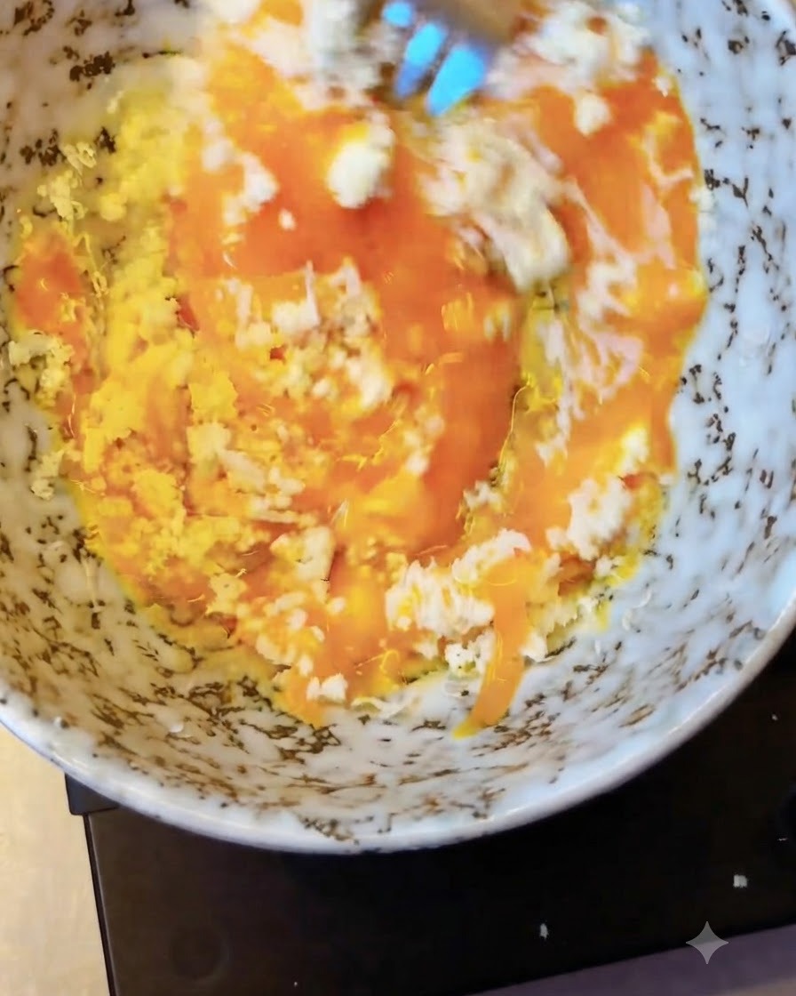 Una forcella che mescola formaggio grattugiato e tuorli duovo in una pasta densa e dorata.