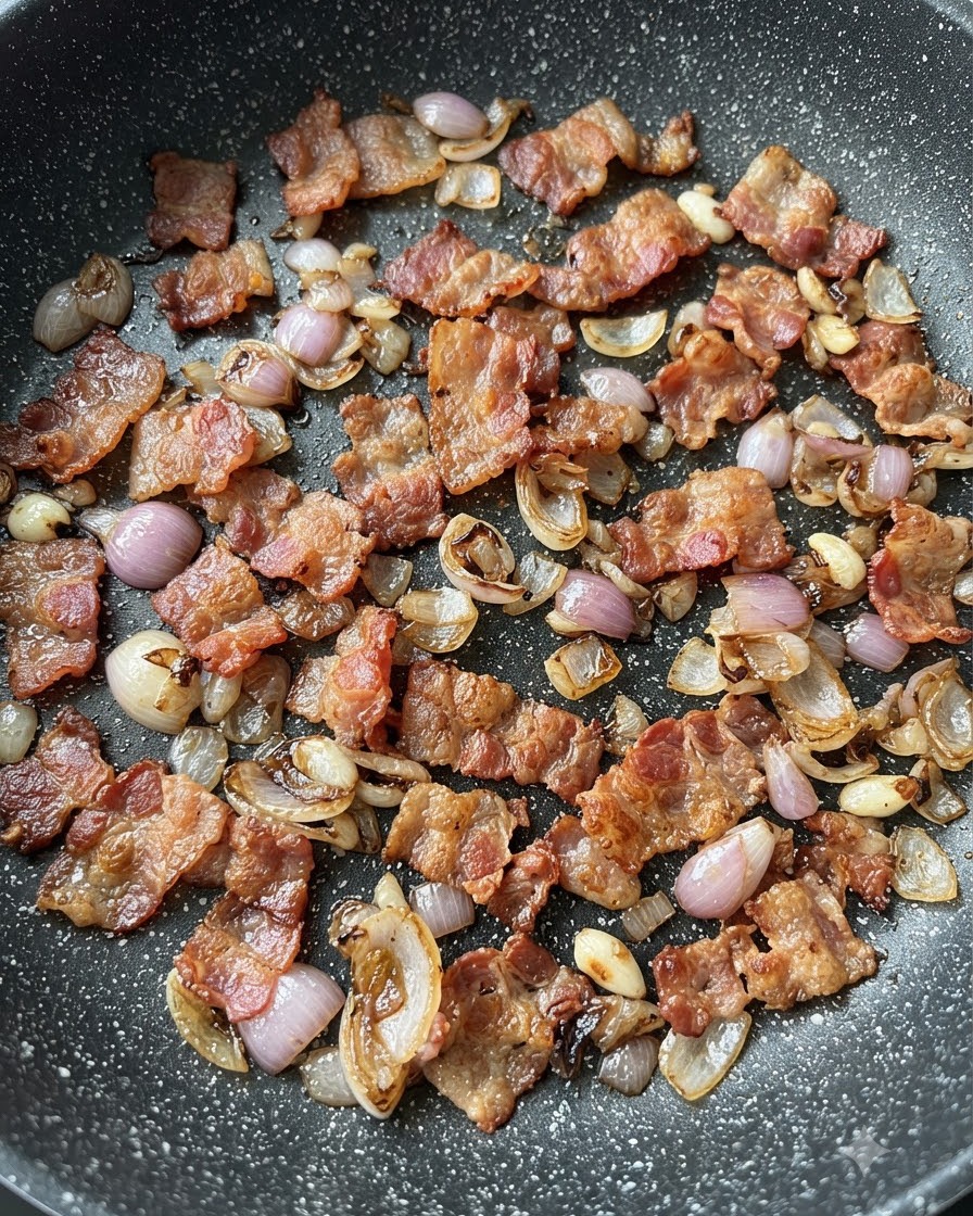 Pezzi di bacon e pezzi di cipolla rossa saltati insieme in una padella scura decorata.