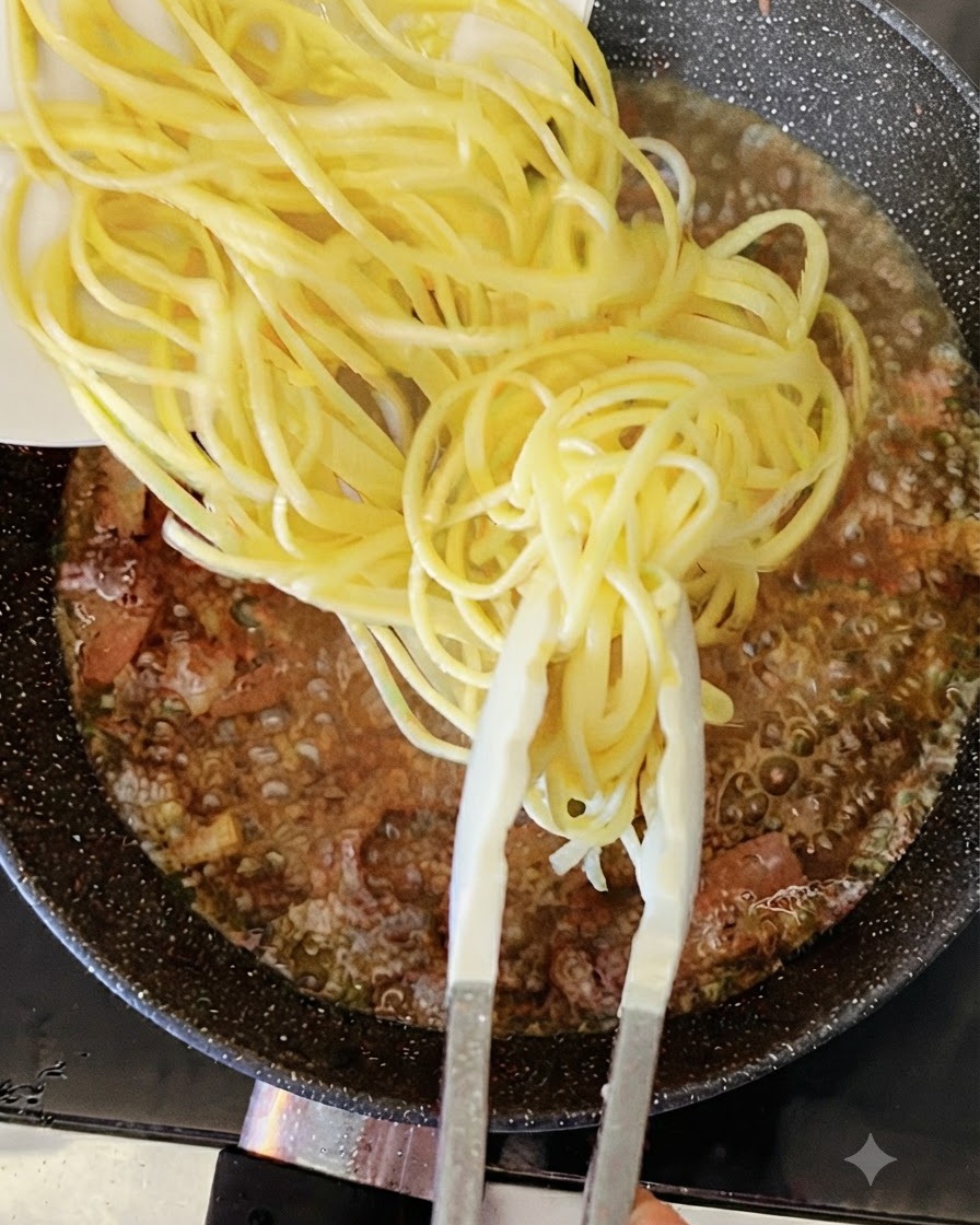 Spaghetti gialli cotti aggiunti con le pinze in una padella ribollente di liquido e bacon.