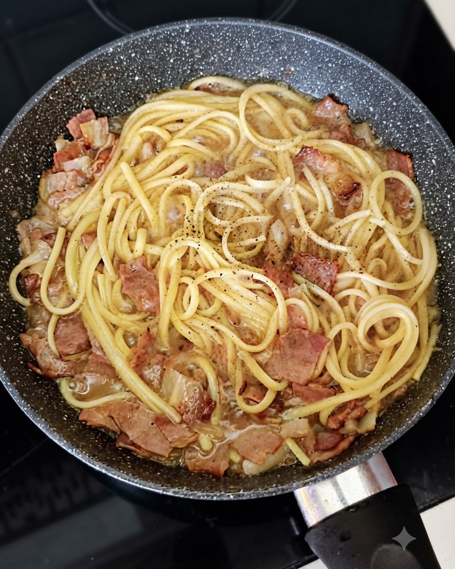 Pepe nero macinato fresco su spaghetti, bacon e cipolle che sobbollono in una padella.