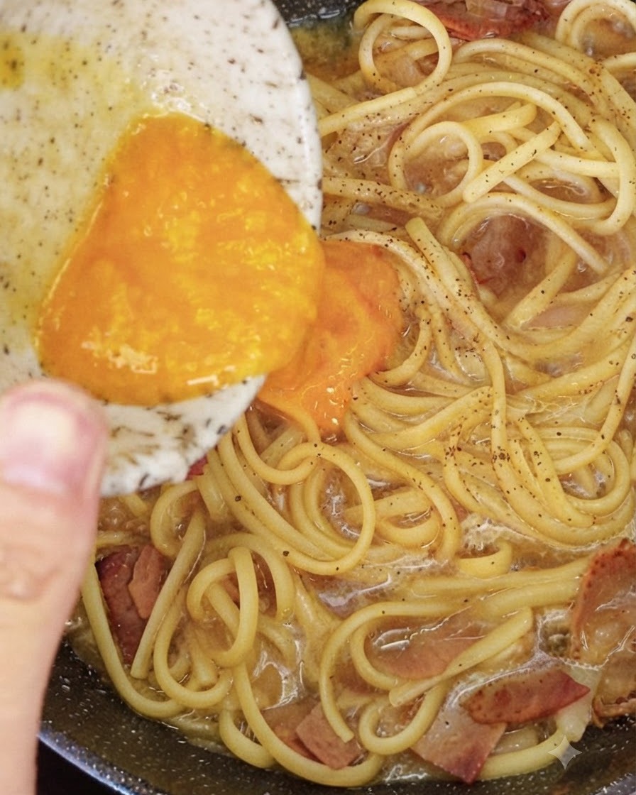 Una ciotola contenente un composto giallo di formaggio e tuorlo duovo versato sopra spaghetti caldi e bacon in una padella.