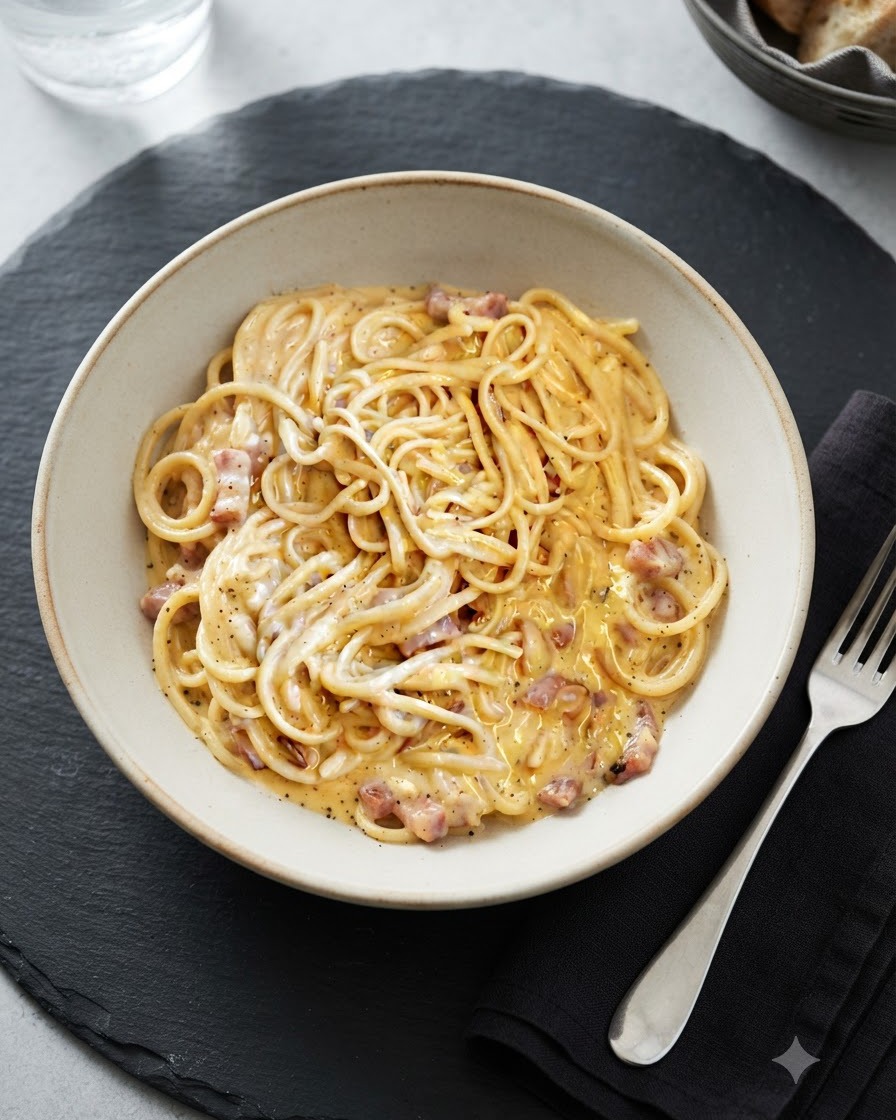 Pasta alla carbonara cremosa in unampia ciotola di ceramica posta su un tagliere di ardesia scura con una forchetta su un tovagliolo.