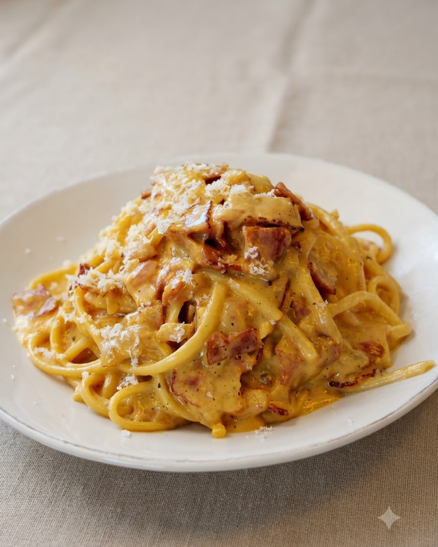 Formaggio secco fresco grattugiato su un mucchio di pasta alla carbonara cremosa in un piatto bianco.