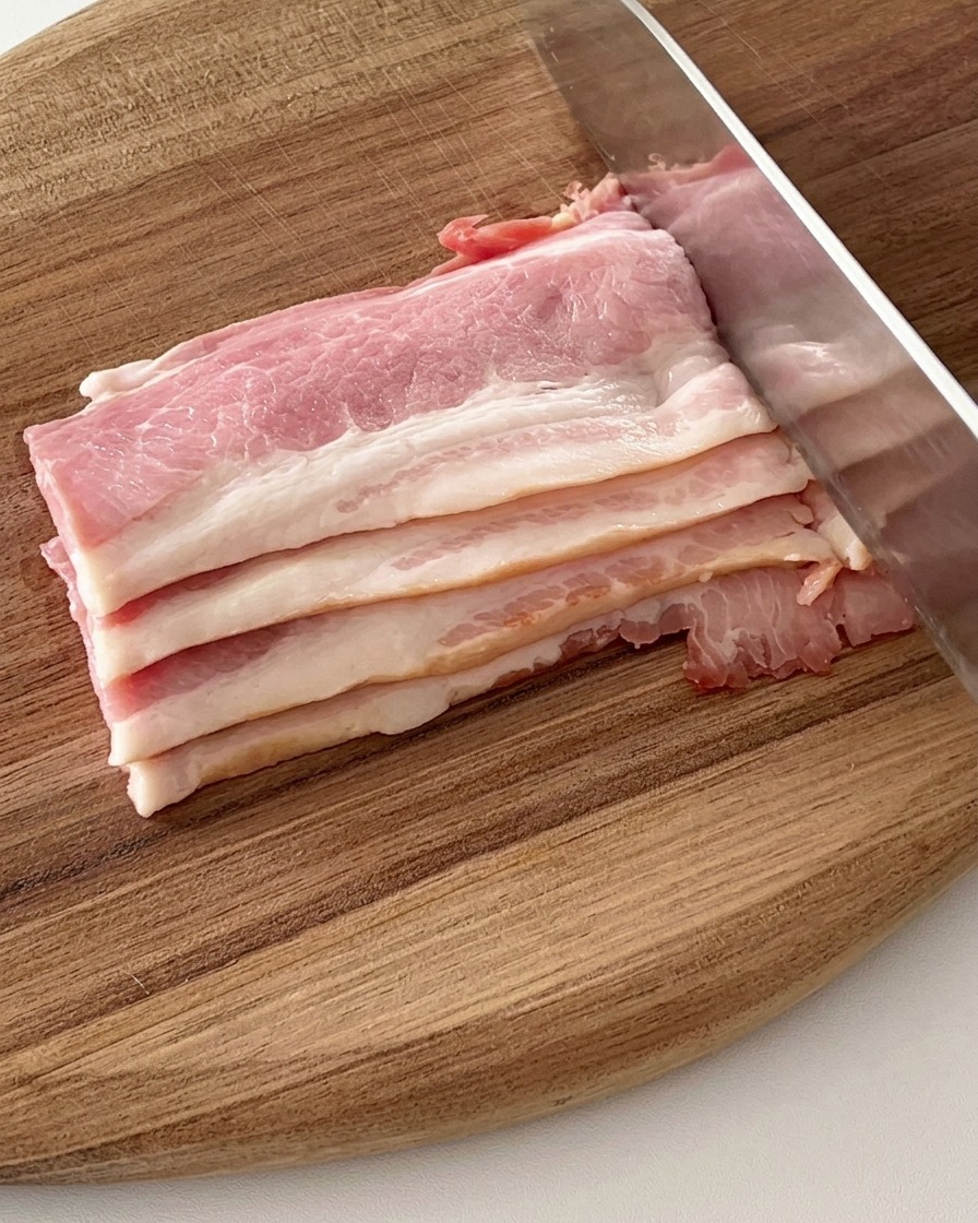 Strisce di pancetta tagliate a porzioni più piccole su un tagliere di legno con un coltello.