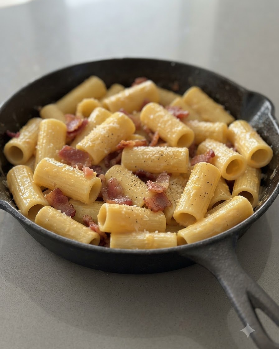 Salsa cremosa di uova e formaggio mescolata con rigatoni e pancetta in una padella in ghisa.