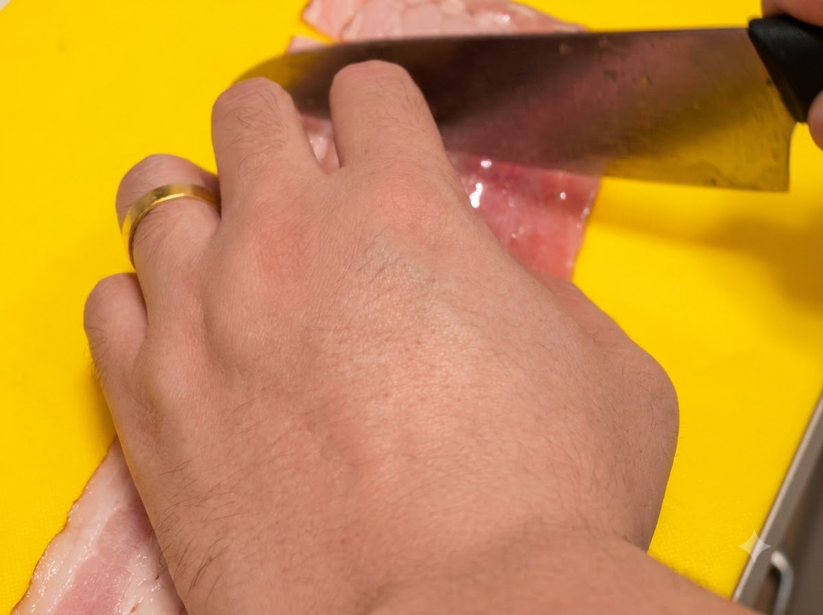 Coltello che taglia fette di pancetta cruda in piccoli pezzi rettangolari su un tagliere giallo.