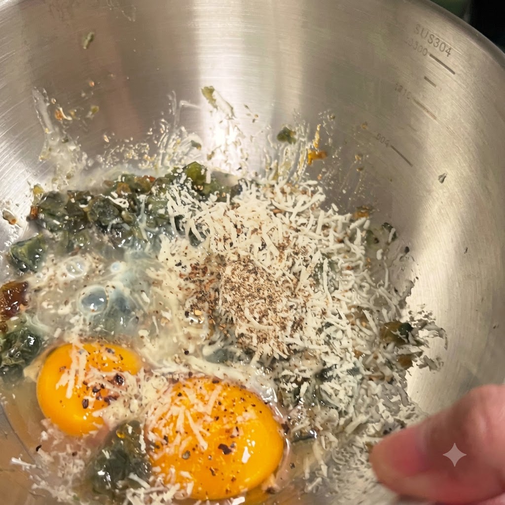 Mestolo che versa acqua bollente calda nella ciotola di metallo con il composto di uova e formaggio.