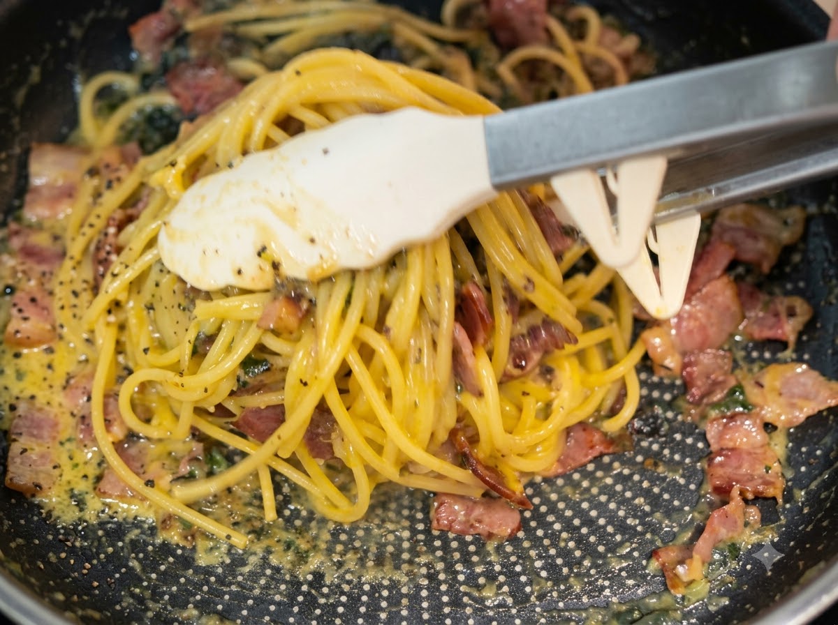 Pinze da cucina che mescolano energicamente spaghetti, pancetta e salsa cremosa insieme in una padella antiaderente.