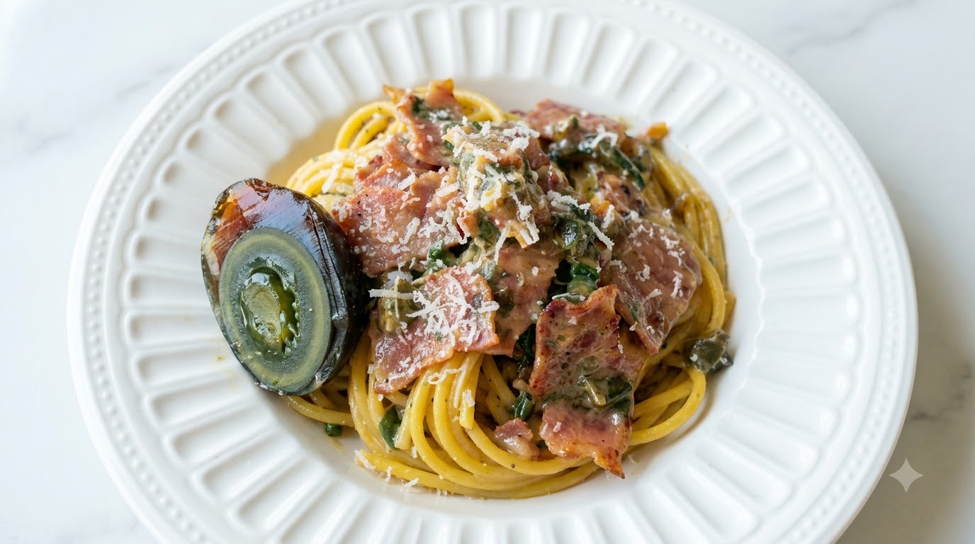 Pasta con uova centenarie e pancetta (Fusione Carbonara)