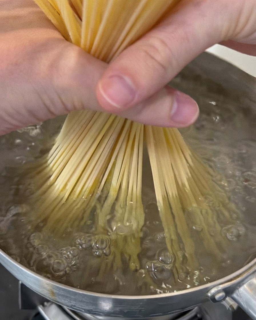 Pasta di spaghetti cruda tenuta in mano e immersa in una pentola di acqua bollente e frizzante.