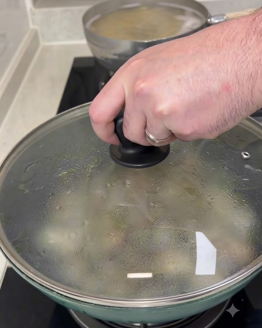 Una persona che tiene il coperchio di una padella coperta mentre cucina le vongole sui fornelli.