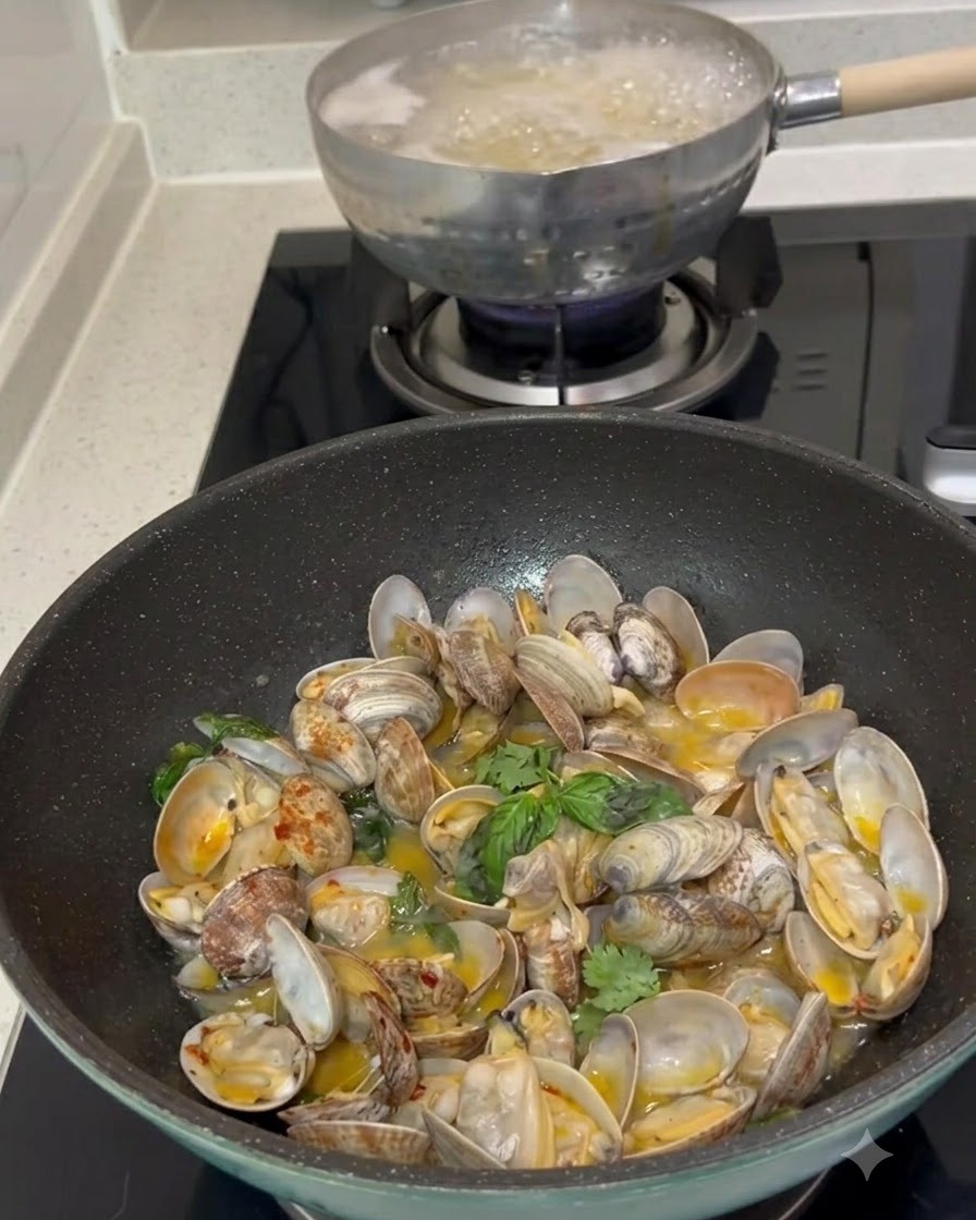 Una pentola di acqua bollente sul fuoco dietro una padella piena di vongole cotte nel sugo.