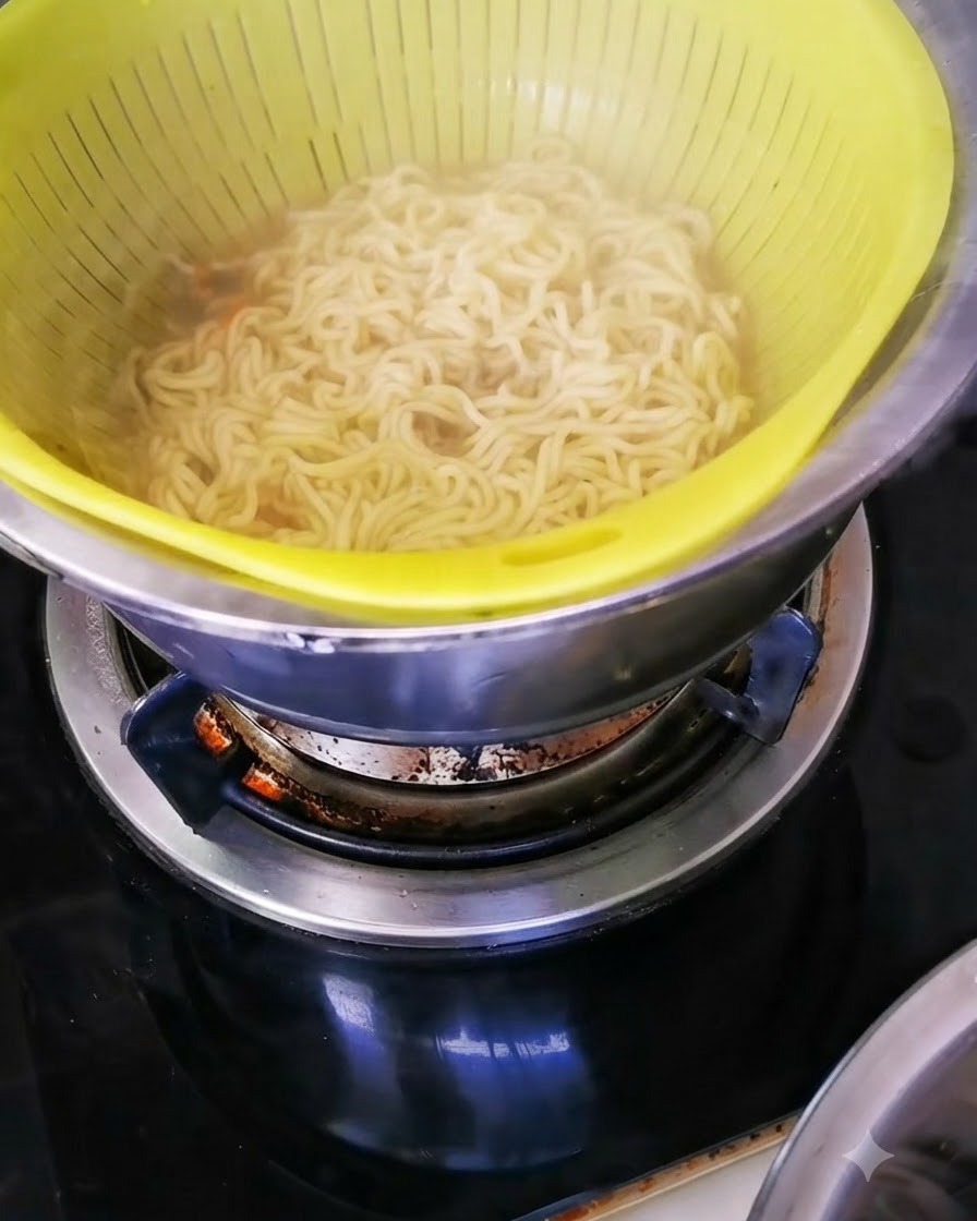 Spaghetti cotti allinterno di uno scolapasta giallo appoggiato su una ciotola di metallo.