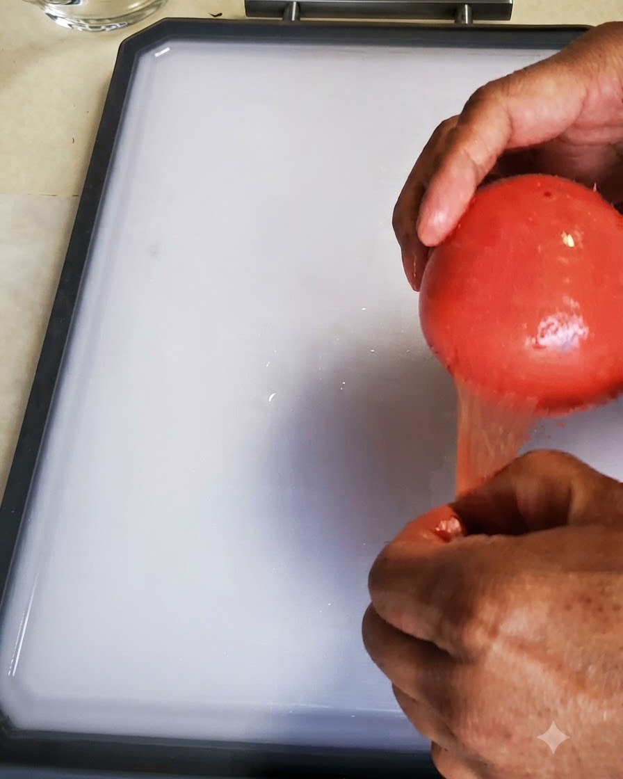 Mani che rimuovono la buccia da un pomodoro rosso sbollentato sopra un tagliere bianco.
