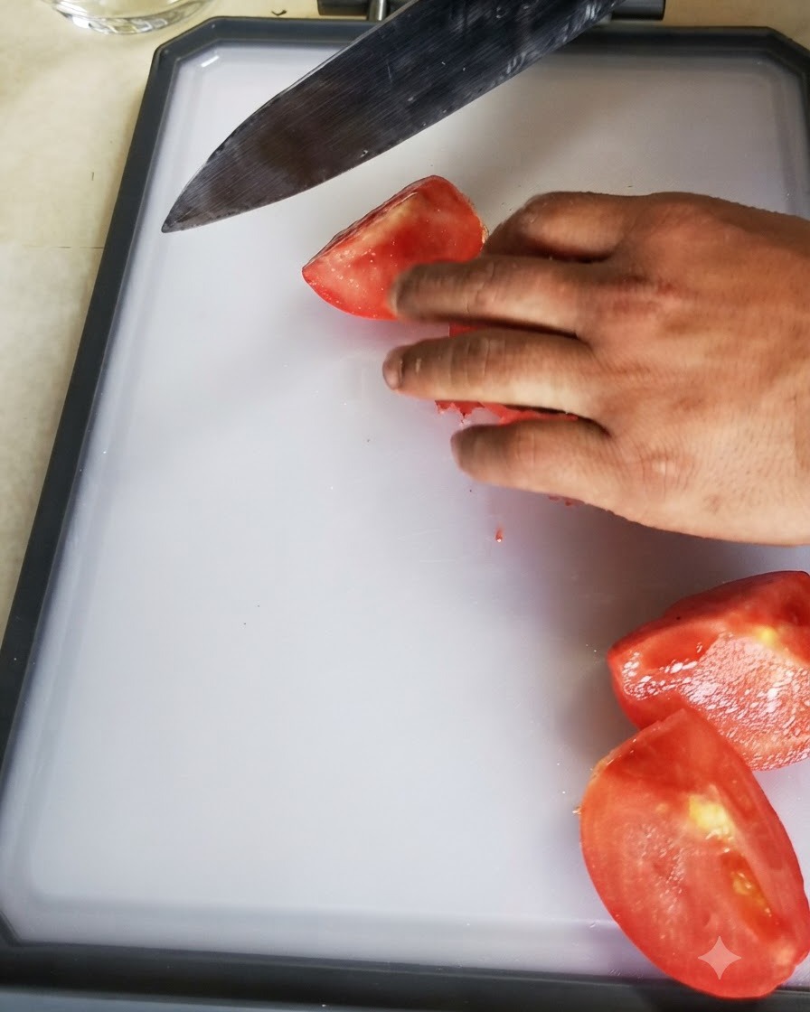 Un pomodoro pelato tagliato a cubetti con un coltello su un tagliere bianco.