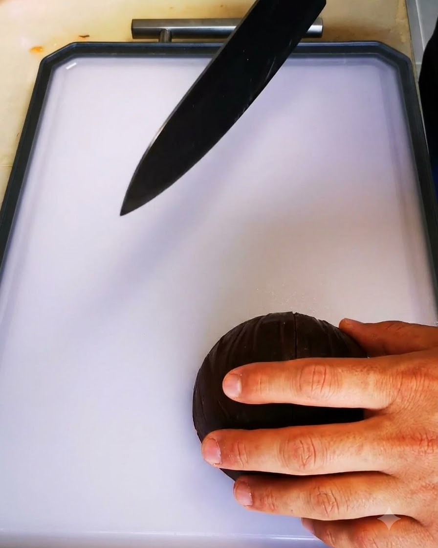 Un coltello affilato che taglia una cipolla rossa su un tagliere bianco.