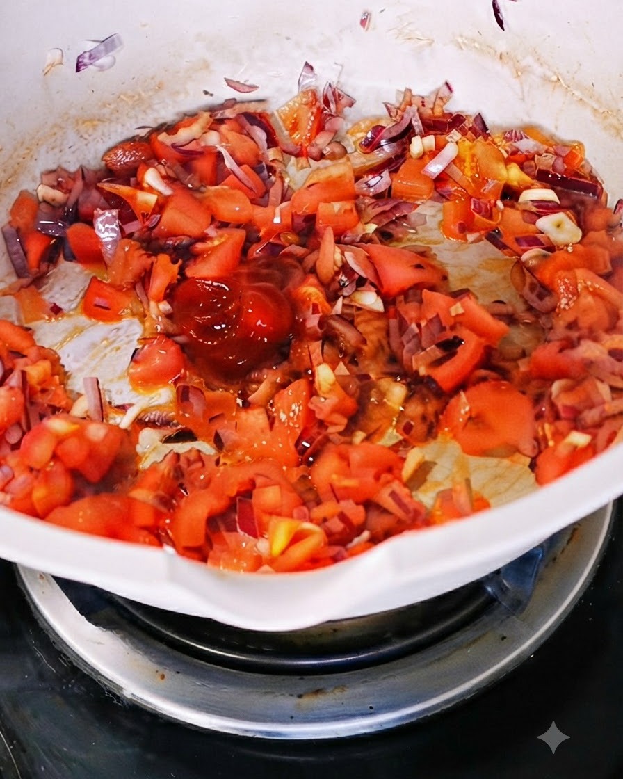 Una cucchiaiata di concentrato di pomodoro aggiunta al composto di pomodori e cipolle in padella.