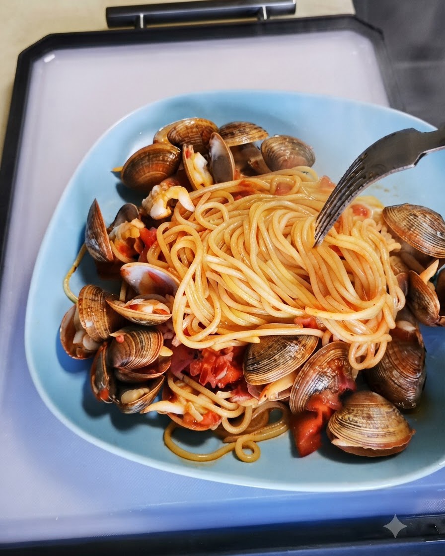 Una padella coperta con un coperchio durante la cottura a vapore di vongole fresche e pomodori.