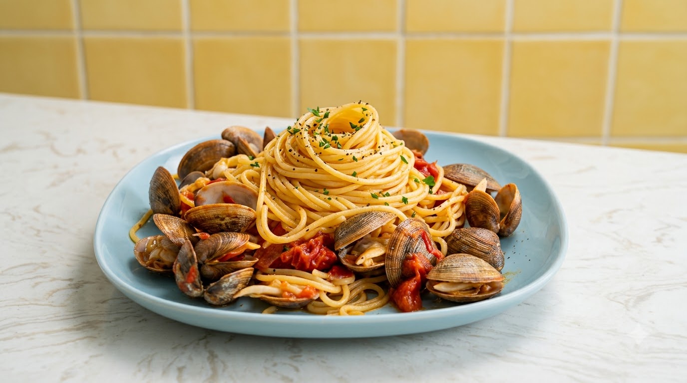 Un piatto azzurro di spaghetti alle vongole saltati con pomodori a cubetti, cipolla, aglio ed erbe aromatiche fresche.