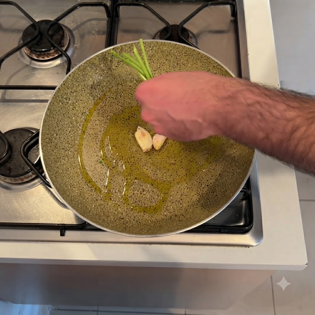 Una mano che mette radice di sedano e spicchi daglio schiacciati in una padella con olio caldo.