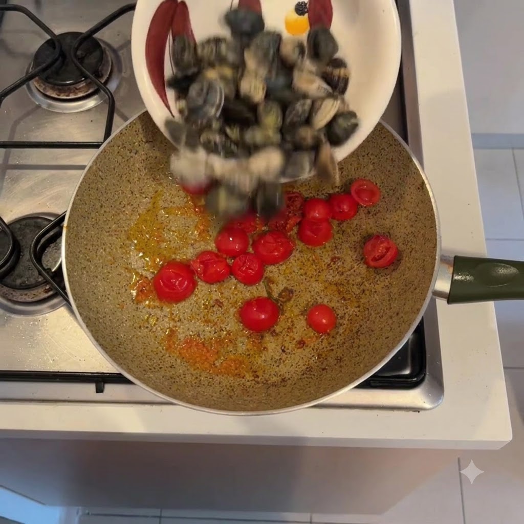Vongole fresche versate da una ciotola decorativa in una padella calda con pomodorini in cottura.