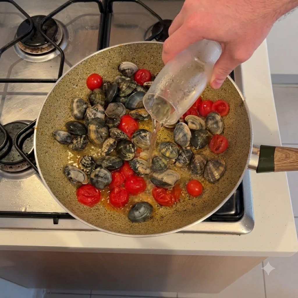 Una mano che versa del vino bianco su vongole e pomodorini fumanti in una padella.