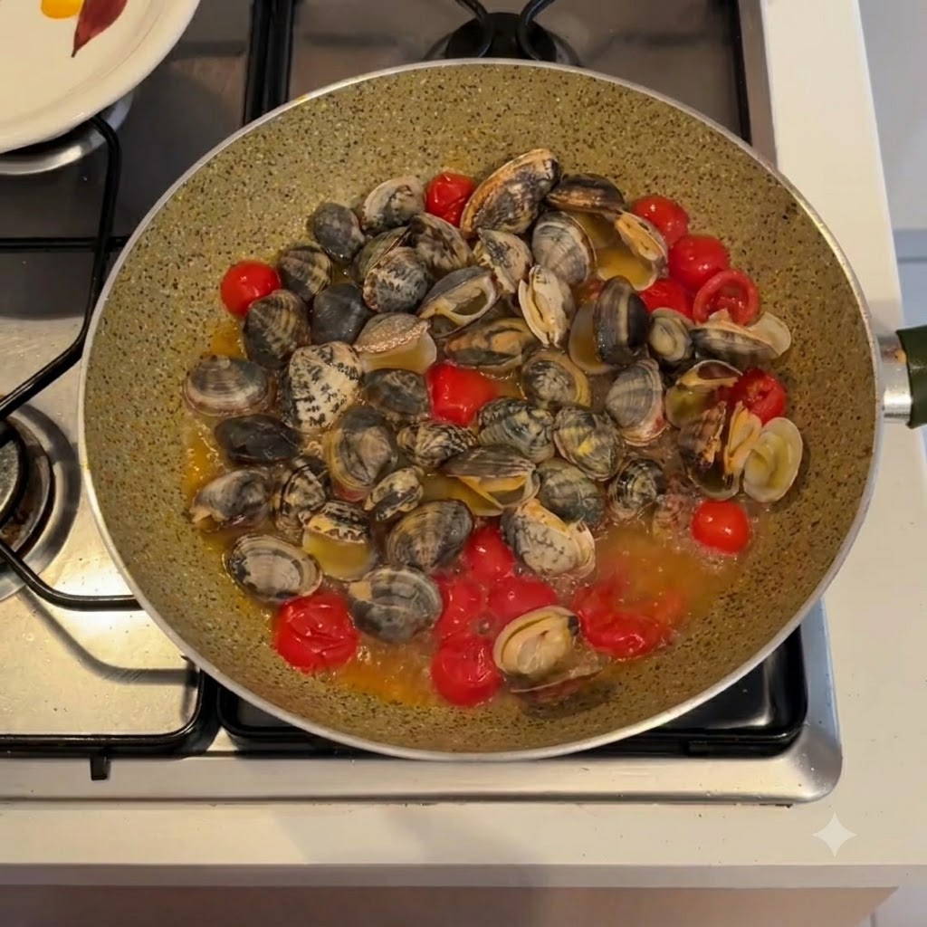 Vongole estratte da una padella piena di liquido di cottura e pomodorini.