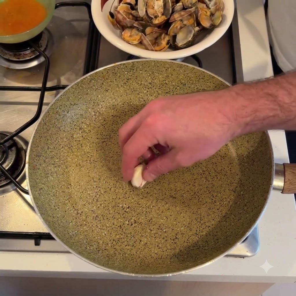 Acqua versata in una padella piena di gusci di vongole.