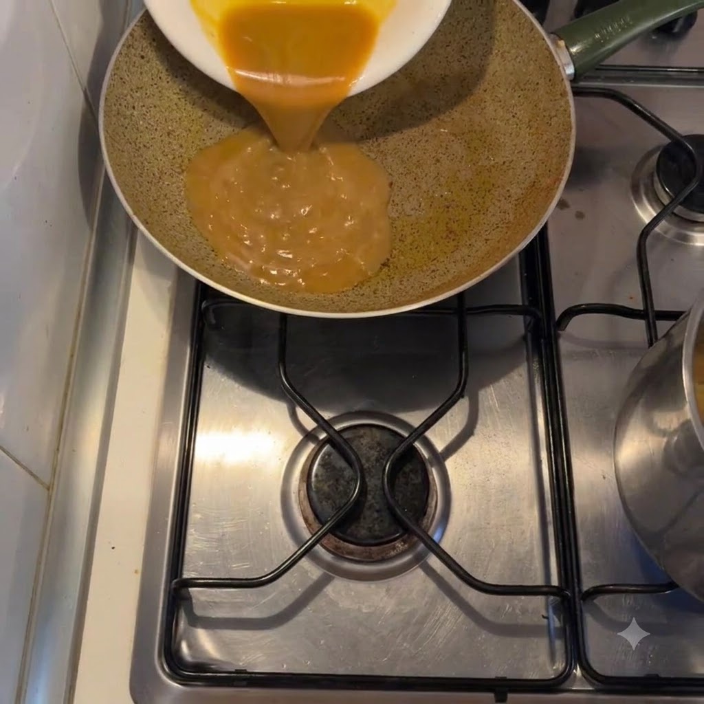 Sugo dorato denso versato in una padella su un fornello.