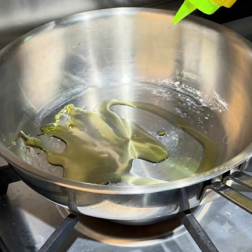 Olio doliva che raccoglie in una padella di metallo riscaldata con aglio e peperoncini.