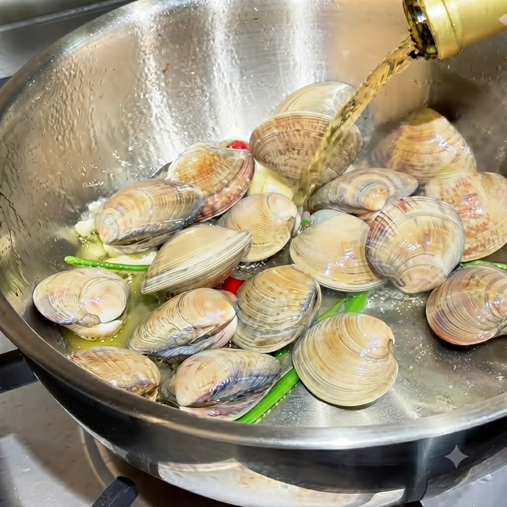 Vino bianco versato da una bottiglia sulle vongole in una padella calda.