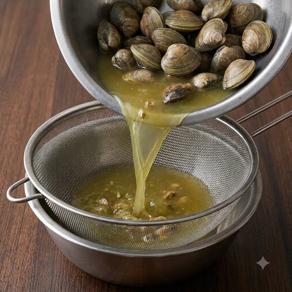 Vongole e brodo versati attraverso un colino di metallo in una ciotola.