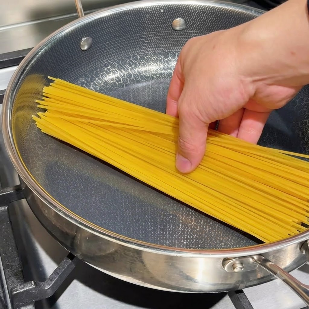Spaghetti secchi disposti piatti in una padella con il brodo concentrato di vongole versato sopra.