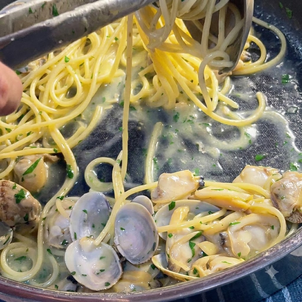 Brodo aggiunto con un mestolo in una padella di spaghetti in cottura con vongole e prezzemolo.