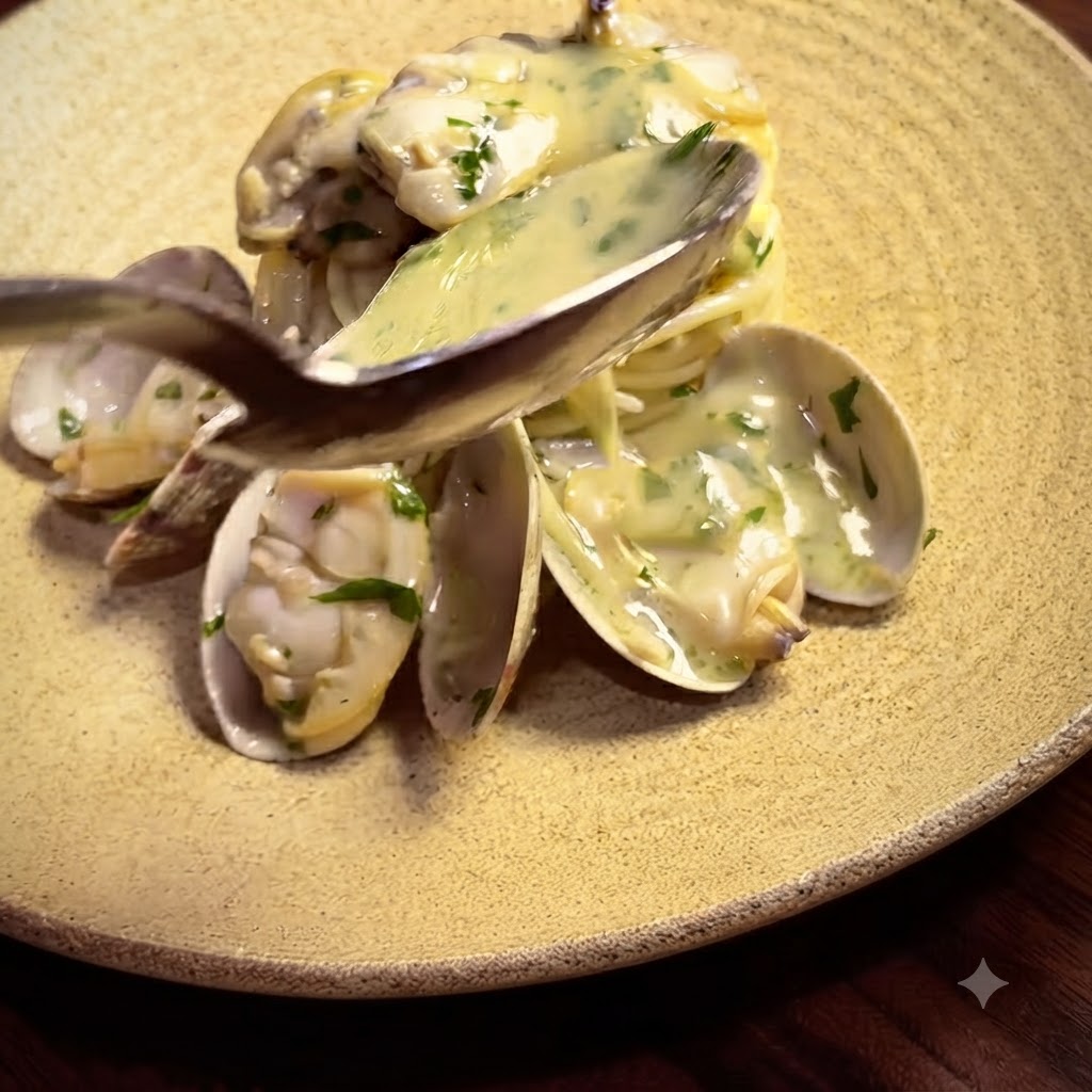 Polpa di vongole aggiunta in una padella di spaghetti cotti.