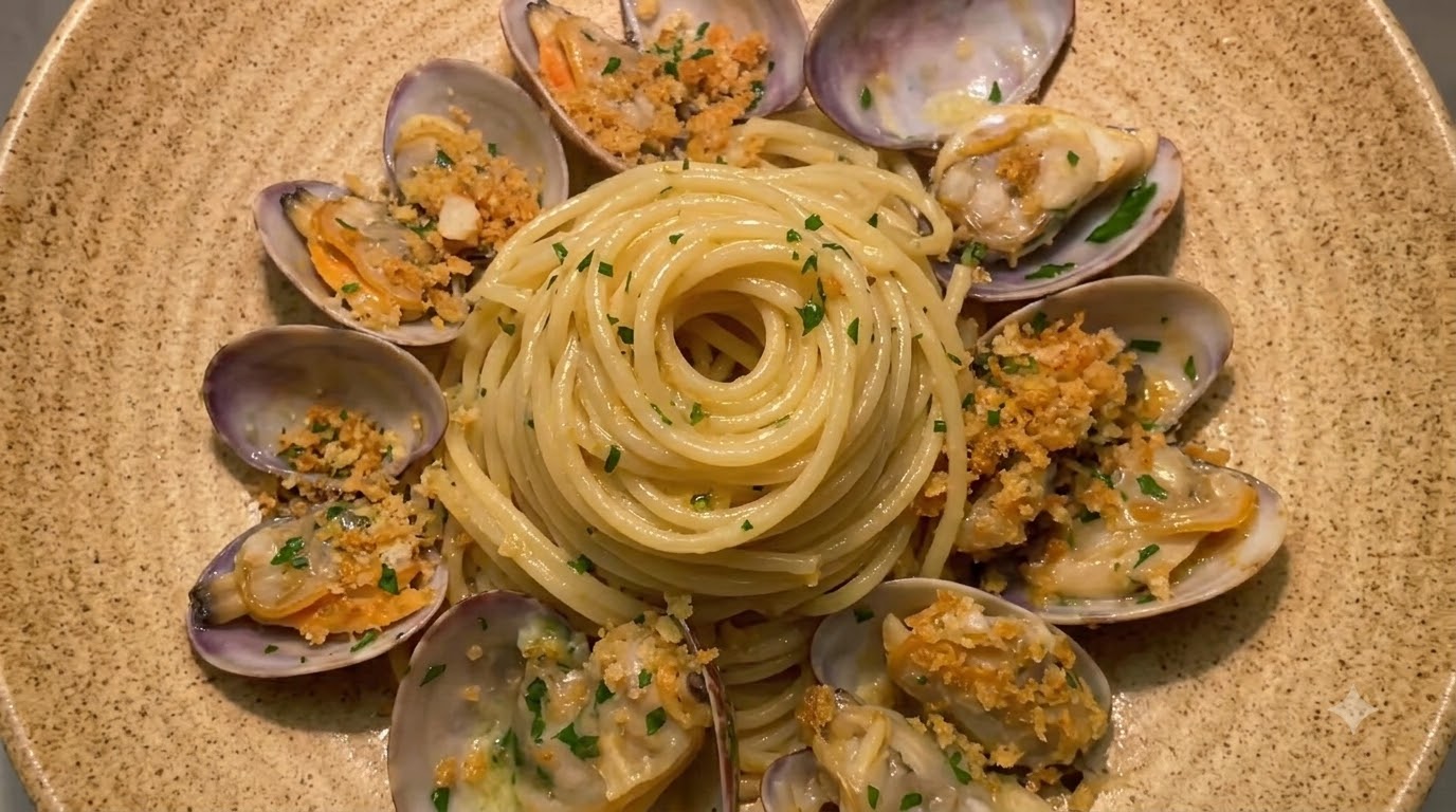 Spaghetti classici alle vongole con pangrattato all'aglio tostato