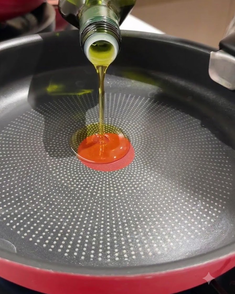 Olio doliva versato da una bottiglia di vetro in una padella nera calda.