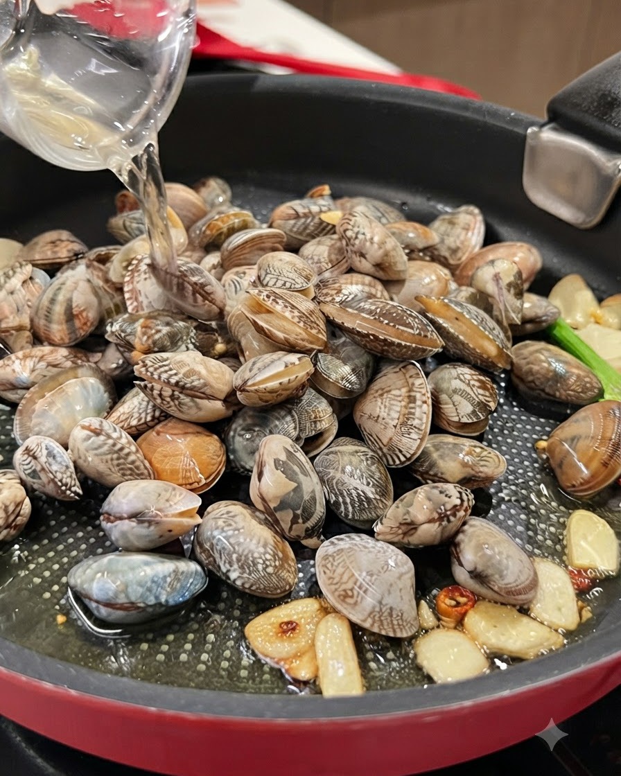 Vino bianco secco versato da un recipiente trasparente sopra una padella riempita di vongole fresche.