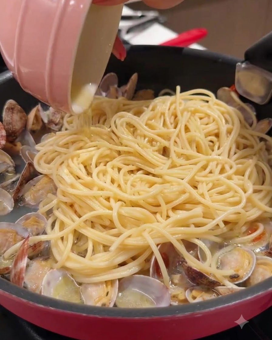Una piccola ciotola rosa che versa liquido in una padella piena di spaghetti e vongole.