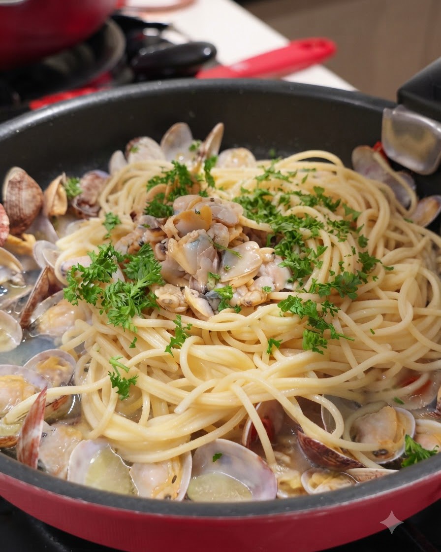 Una padella di spaghetti e vongole generosamente guarnita con prezzemolo verde fresco tritato.
