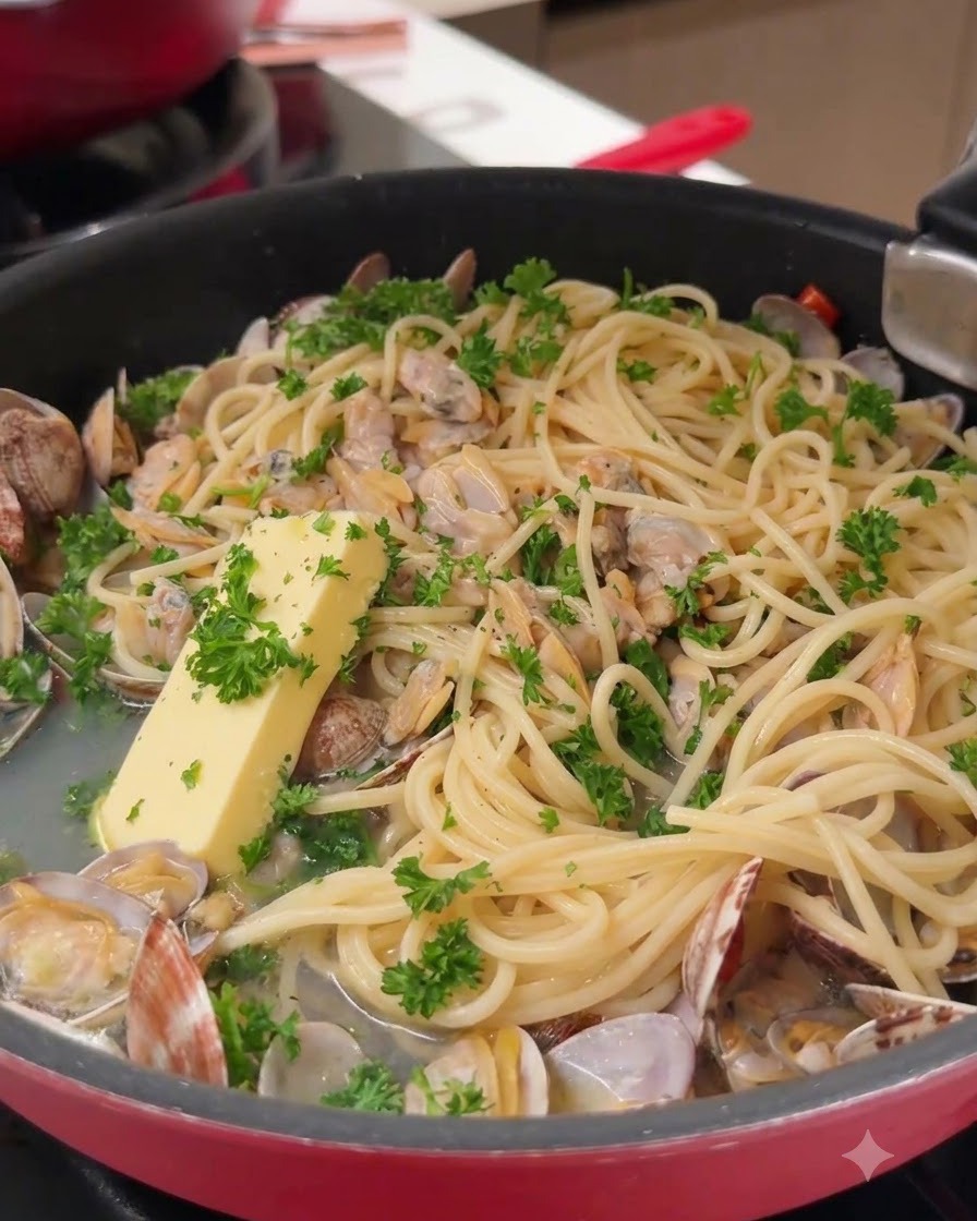 Un pezzo di burro giallo appoggiato sopra spaghetti e vongole in una padella.