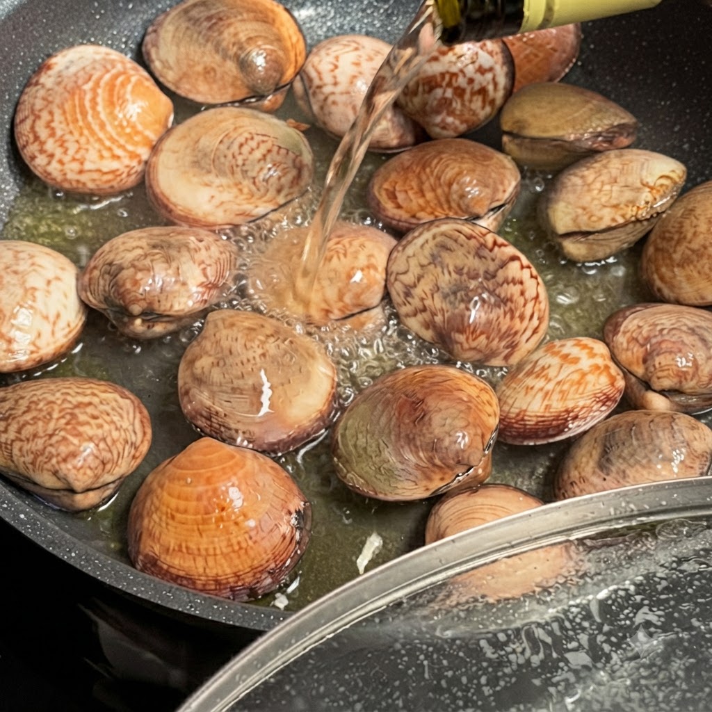 Vino bianco versato sopra la padella colma di vongole.