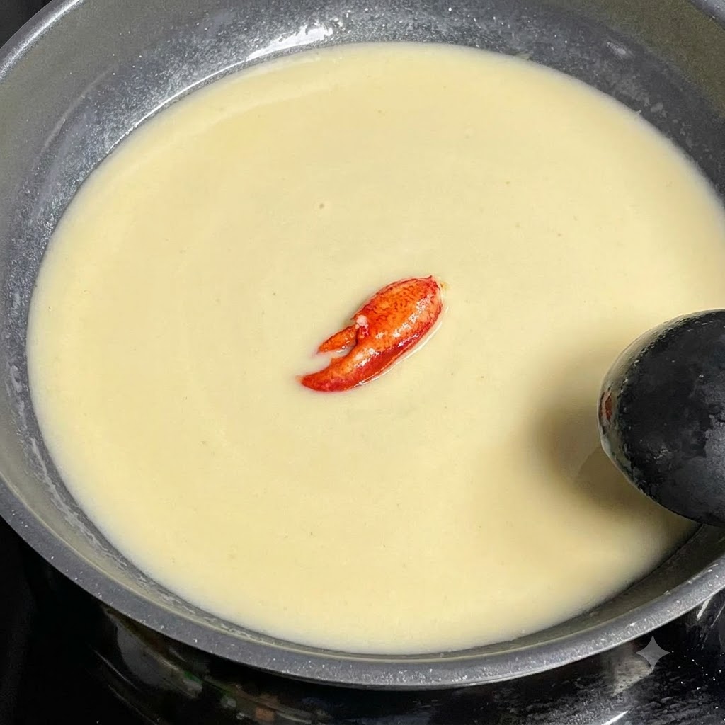Un cucchiaio di burro di granchio aggiunto al brodo di vongole sobbollente nella padella.