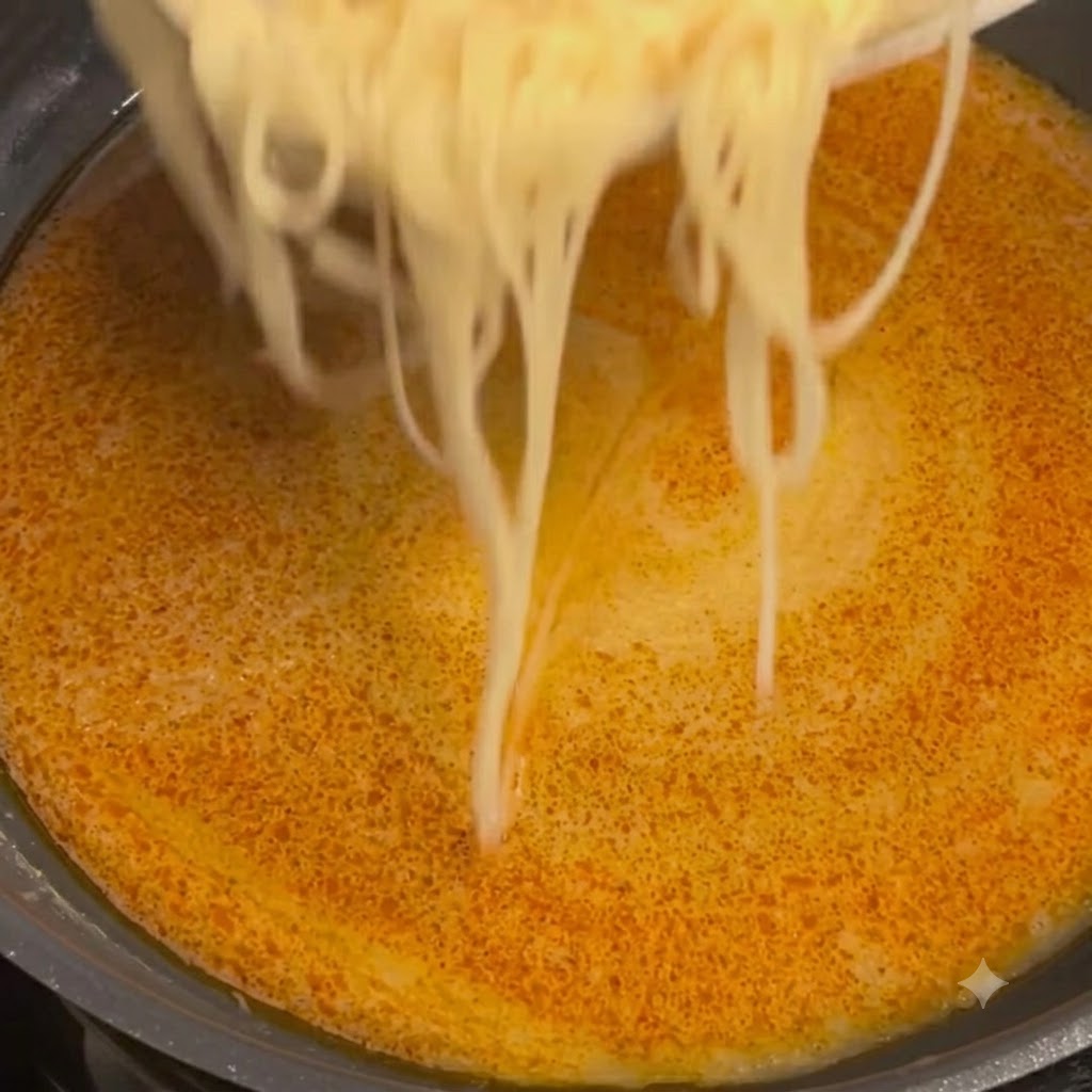 Pasta appena cotta trasferita dal piatto alla padella con la salsa cremosa al burro di granchio e vongole.