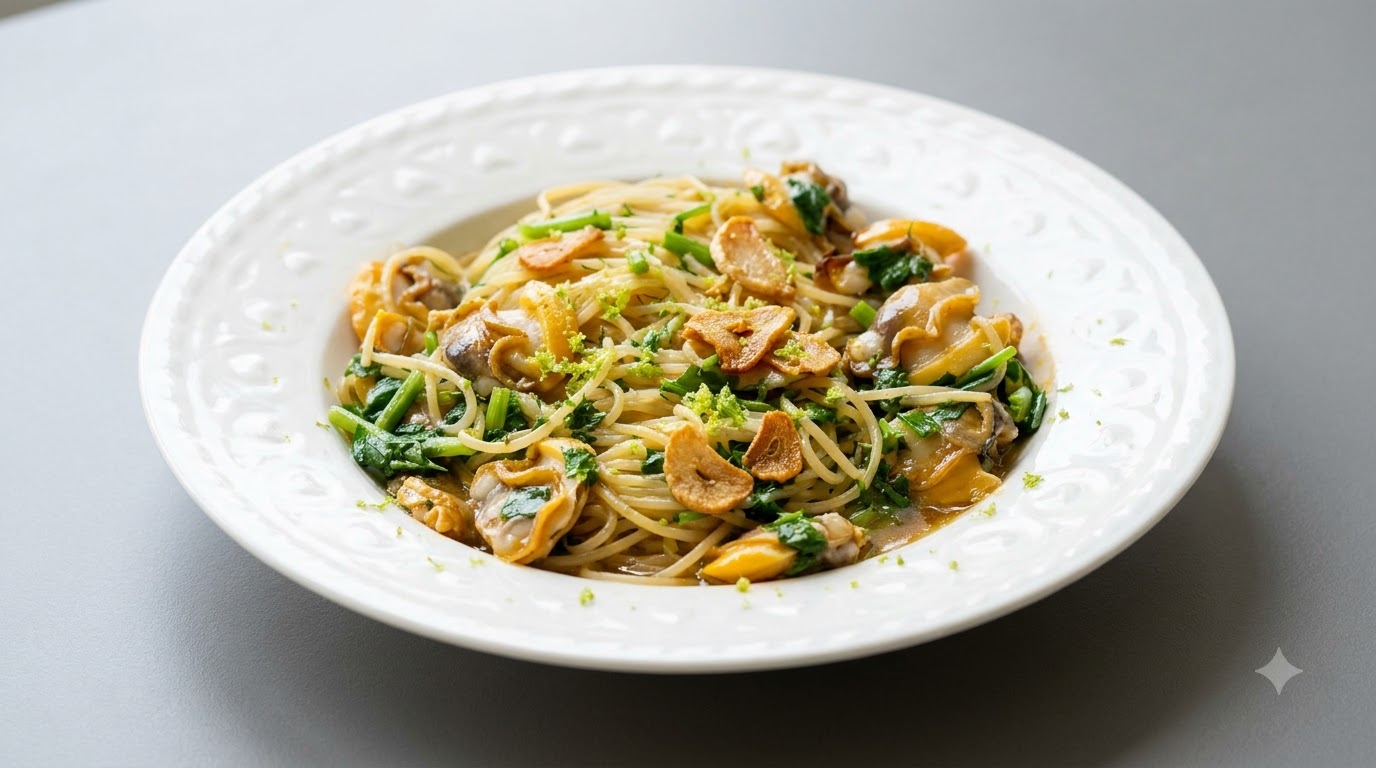 Spaghetti alle Vongole con Aglio, Vino Bianco e Burro di Granchio