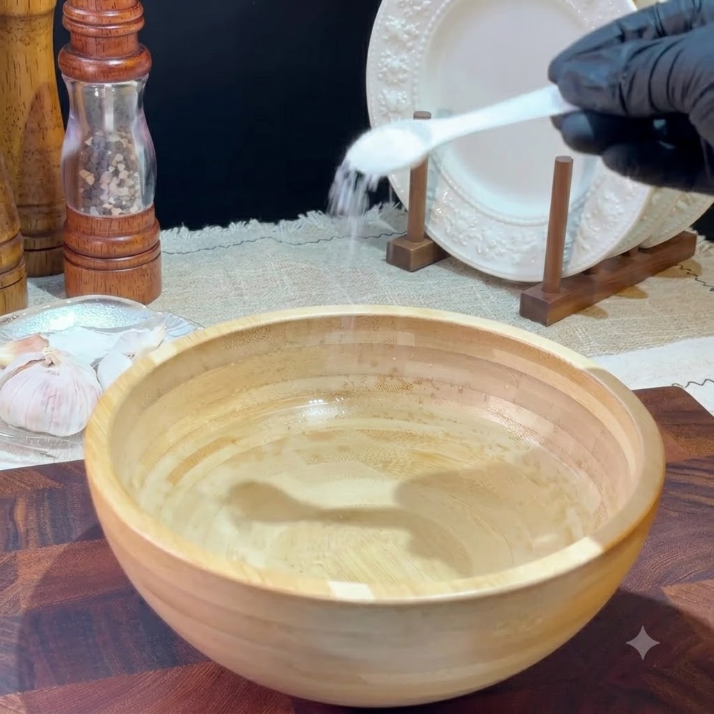 Sale versato da un cucchiaio bianco in una ciotola di legno riempita dacqua.