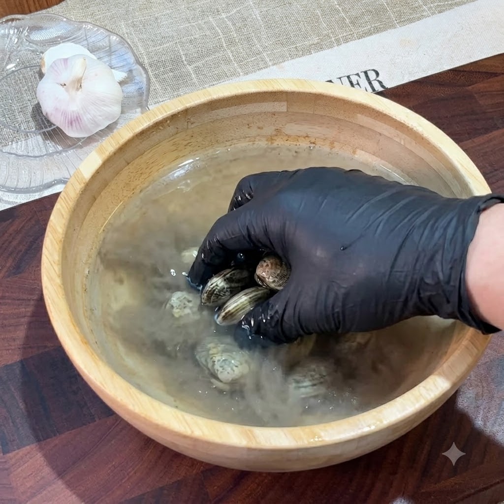 Vongole immerse allinterno di una ciotola di legno riempita di acqua salata torbida.